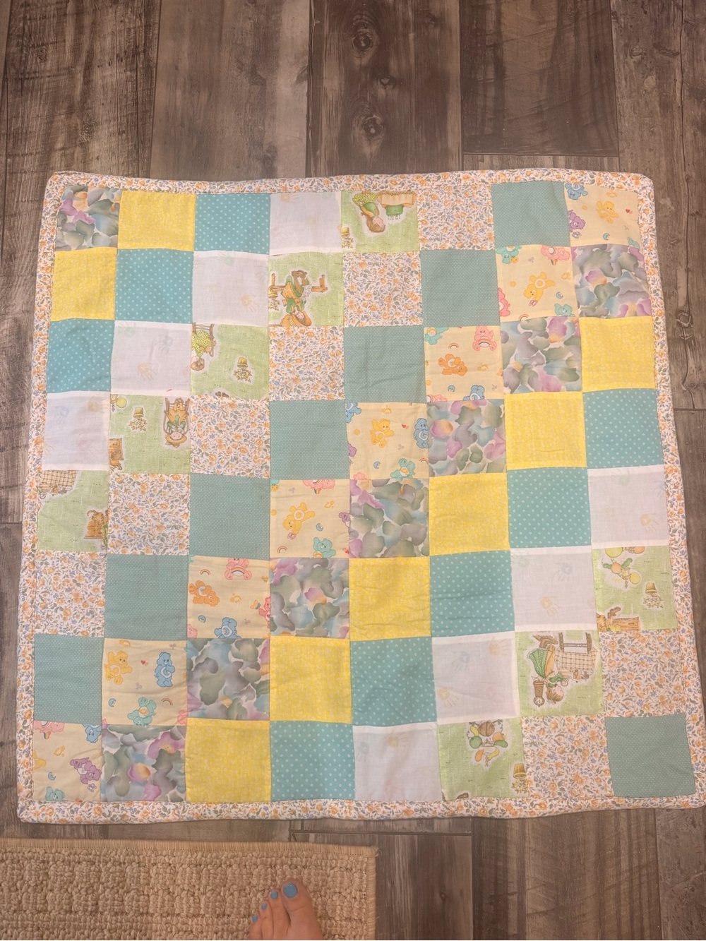 Vintage Care Bears Pastel Patchwork Baby Quilt in Yellow, Aqua, and Green